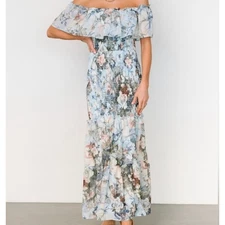 Baltic Born Maxi Dress XL Floral Print Blue Amalfi Off Shoulder Smocked Tiered