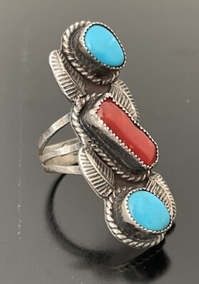 Signed SD Navajo Sterling Silver Turquoise Coral Tobacco