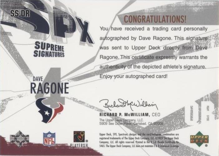 2003 SPx Dave Ragone #SS-DR