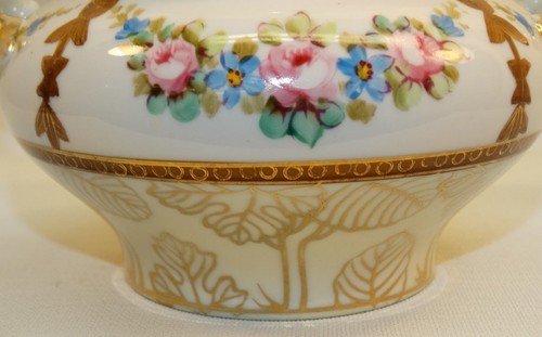 VINTAGE HANDBEMALTE NORITAKE PORZELLAN ZUCKERDOSE MIT DECKEL ROSA ROSEN ALTE GRÜNE MARKE - Bild 3 von 10