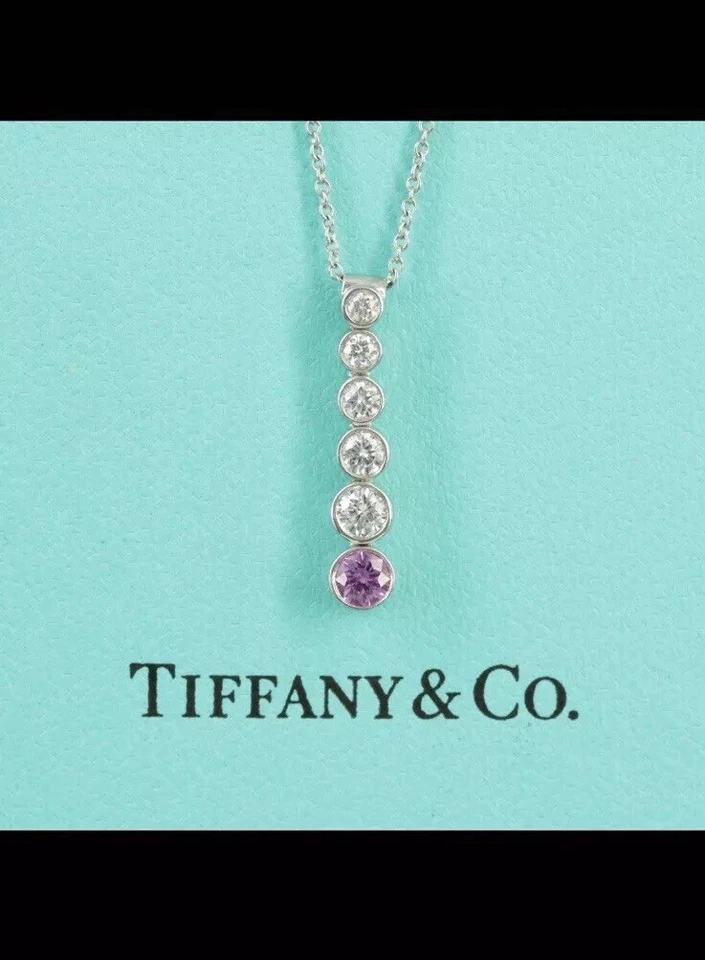 TIFFANY & Co джаз платина бриллиант розовый сапфир градуированный падение подвеска ожерелье - Изображение 3 из 4
