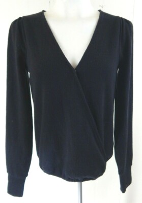 Madewell Women's XS Top Texture Thread Puff Sleeve Faux Wrap Black EUC