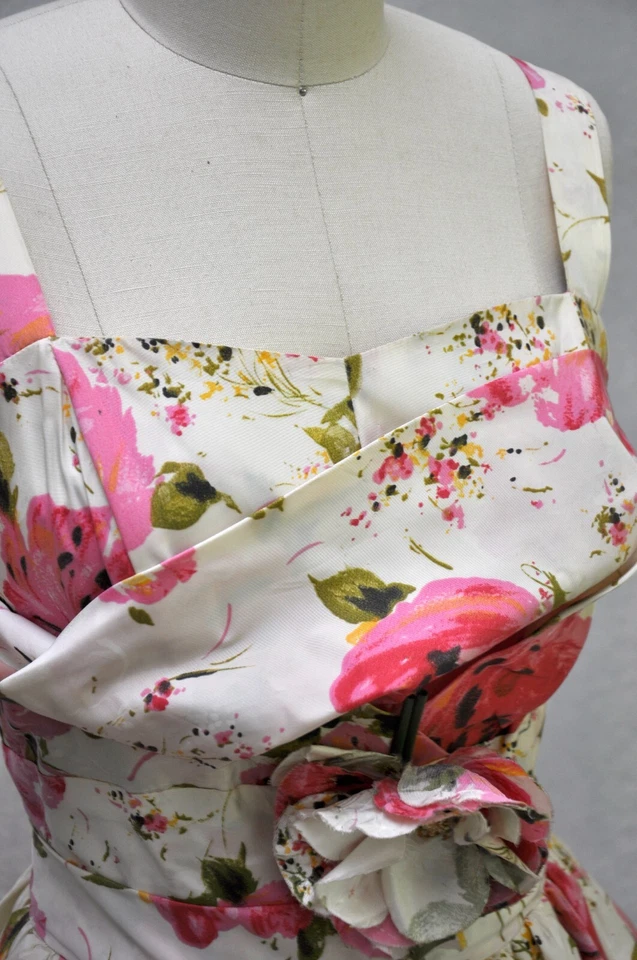 Vestido de fiesta vintage años 50 rosa floral tafetán sin mangas falda burbuja estante sujetador Foto 4 de 4