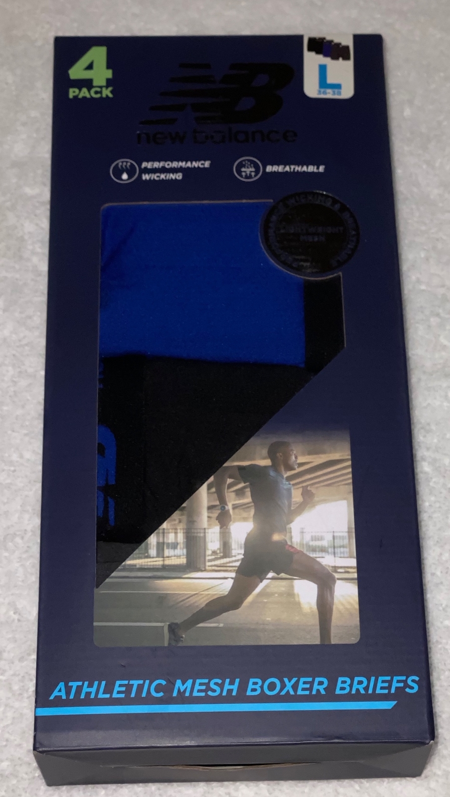 NEW BALANCE Athletic Mesh 4 Pk Black Blue Grey Boxer Briefs Underwear