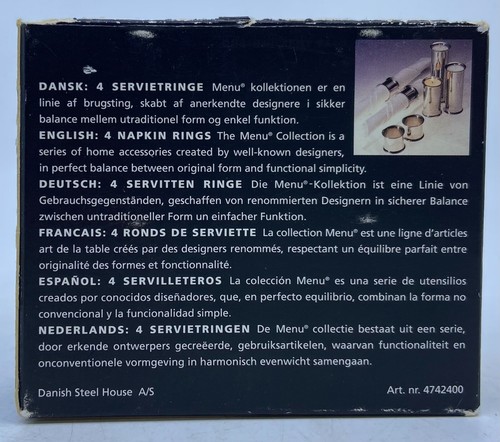 Skagen Denmark Menu Danish Steelhouse Napkin Rings Set of 4 NEW OPEN BOX - Picture 2 of 8