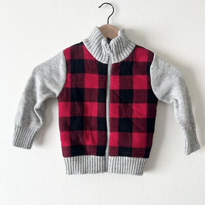Cat & Jack Sz 2T Boys Red Plaid Gray Sherpa Zip Up Jacket Knit | eBay