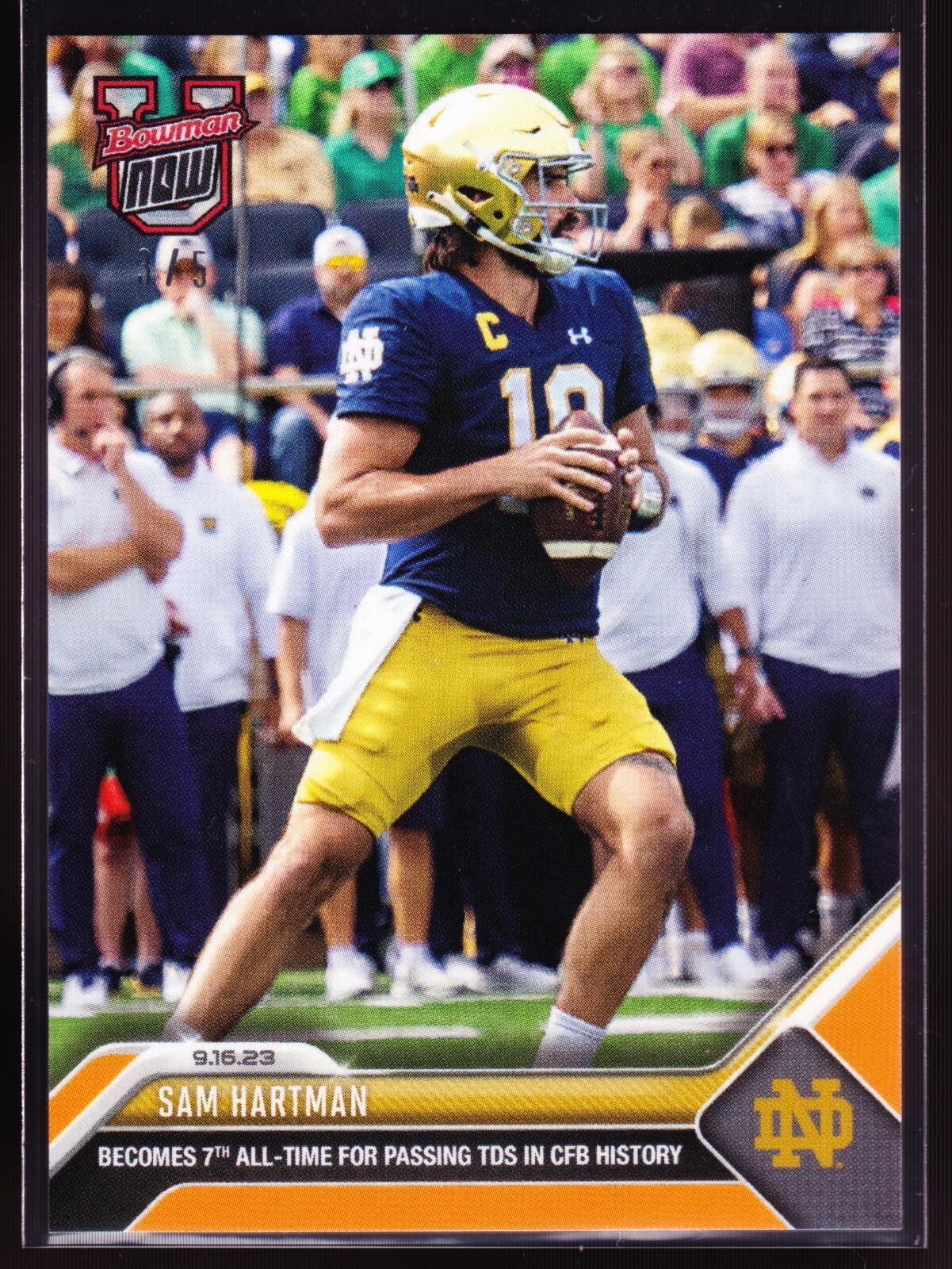 Sam Hartman NOTRE DAME vs Central Michigan 2023 Topps Bowman U NOW #4 Orange 3/5