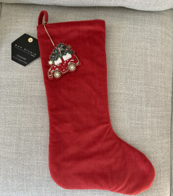NWT Max Studio Red Super Soft Christmas Stocking with Beaded Car 8 x 22 