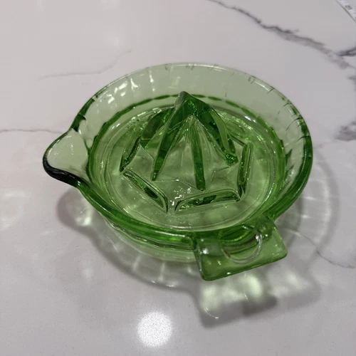 Vintage Uranium Glass Reamer Juicer Green Vaseline Depression Citrus Block Optic
