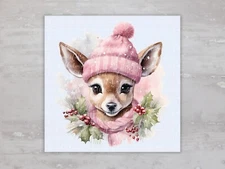 Winter Christmas Pink Beanie Reindeer Fabric Panel Sewing Quilting Block A173