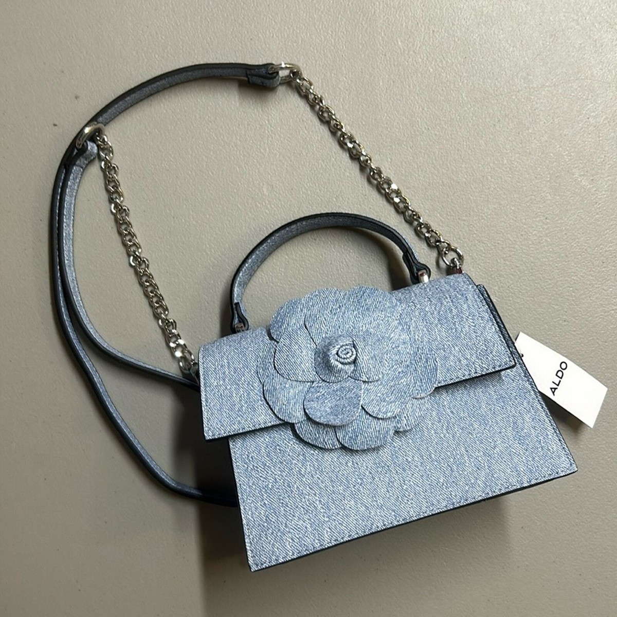 Aldo Mini Purse Bag Crossbody Light Denim Blue Flower Accent