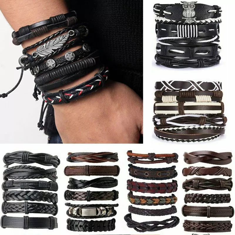 Braided Leather Bracelet Punk Cuff Wrap Bracelets for Men Women Adjustable  Brown Leather Wristbands 6 PCS