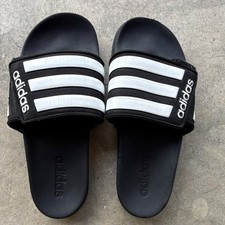 adidas Adilette Unisex Kids Black White Slip On Striped Slide Sandals