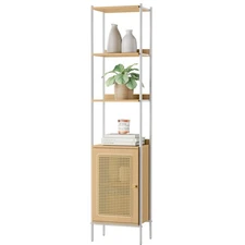 6-Tier Bookcase, Bookshelf with Rattan-Like Door, Boho Style, Freestanding 15...