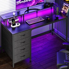Huuger 47 Inch Computer Desk with Power Outlets and LED Lights, Gaming Desk with