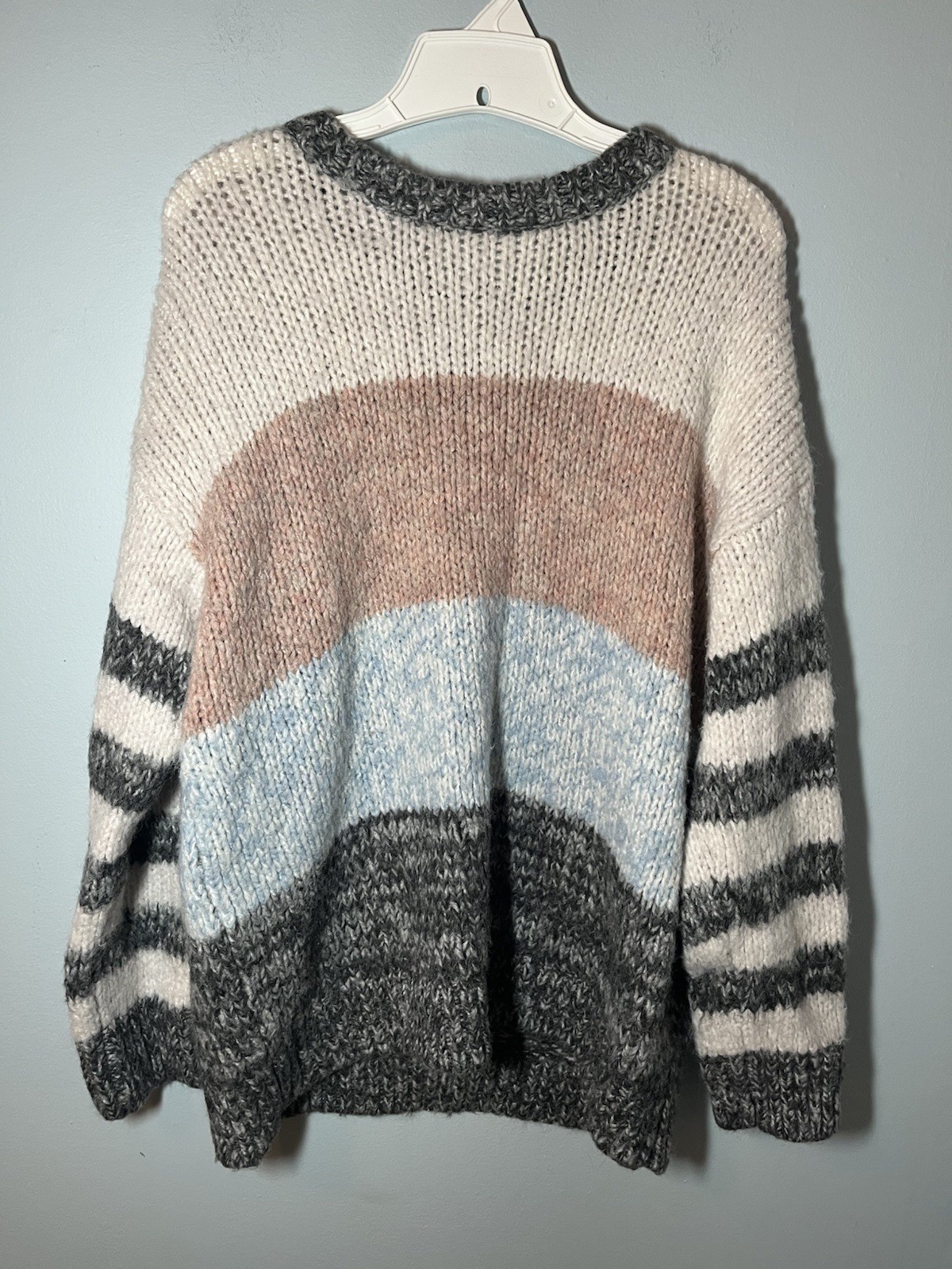 American Eagle Women's Fuzzy Blue Striped Sweater Oversized Knit XL Cozy Chunky