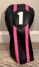 MAJEK GOLF 1 DRIVER HEADCOVER WHITE BLACK w PINK STRIPE LEATHER STYLE BRAND NEW