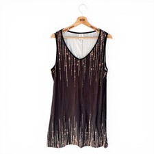 Ladies Black Stretch Dress Beige Print V Neck Sleeveless Knee Length Size 20
