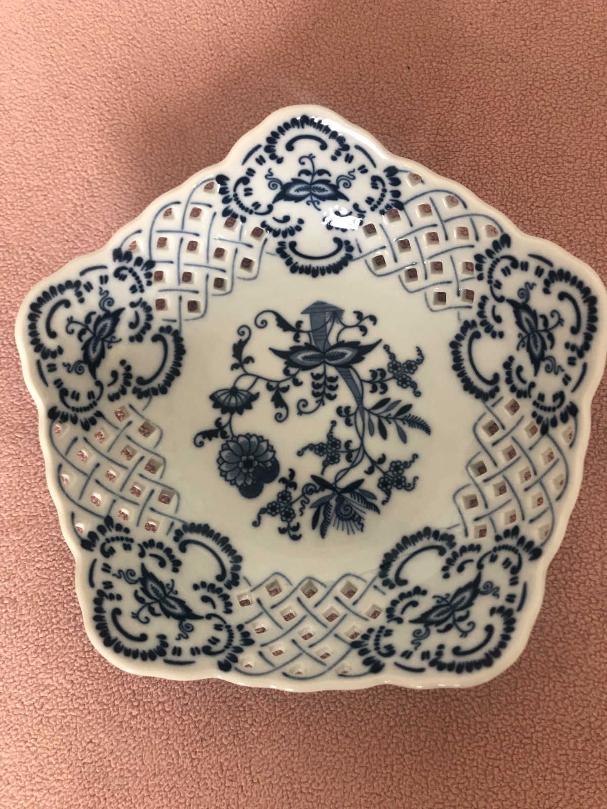 Vintage 1980s BLUE DANUBE Blue Onion Lattice Reticulated Candy Dish Bowl MINT!