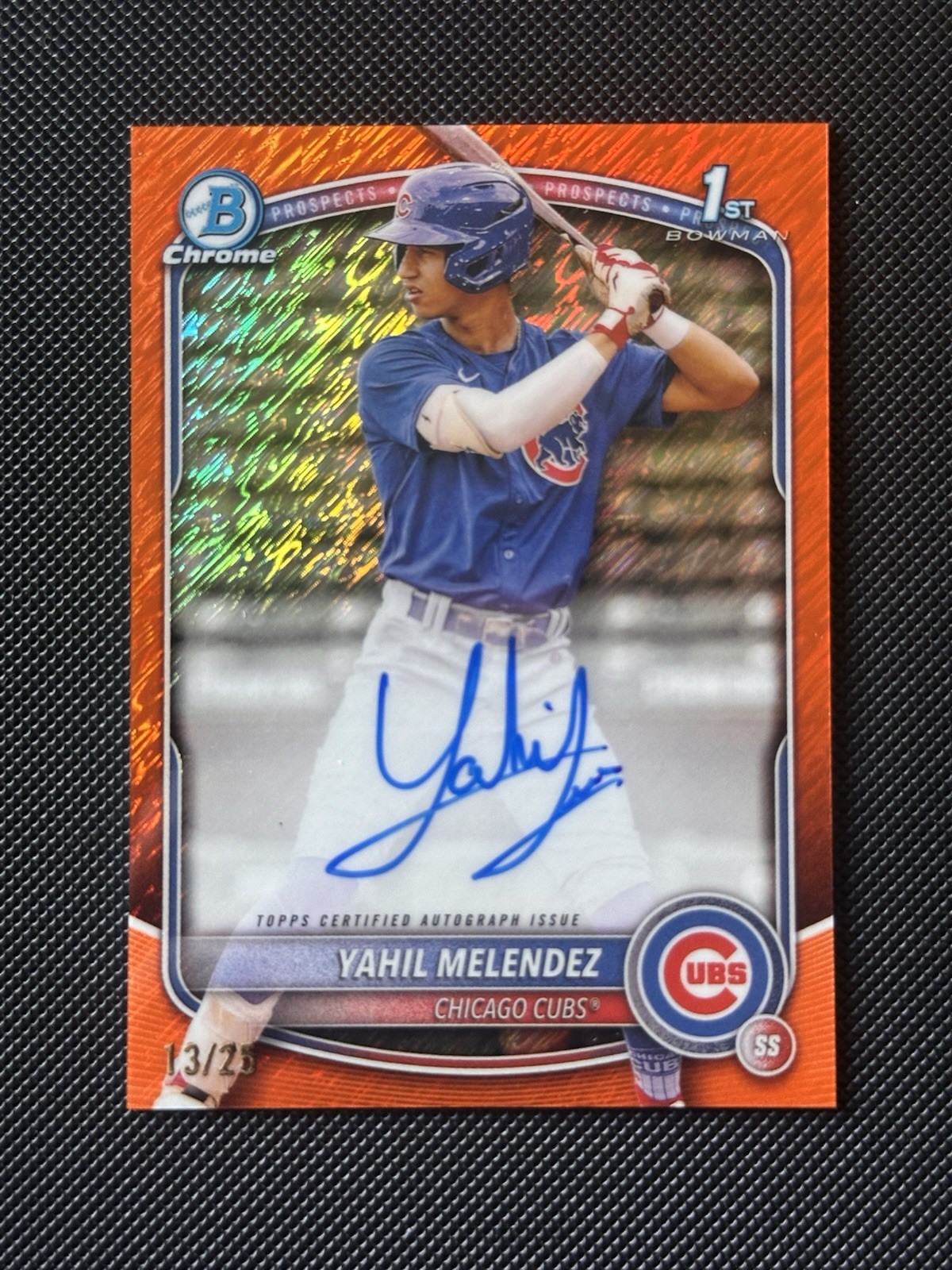 2025 Bowman Chrome 1st AUTO Yahil Melendez ORANGE SHIMMER REFRACTOR #/25 Cubs RC