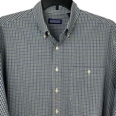 Lands' End Shirt Mens L 16 16.5 Blue Green Gingham Classic Preppy Long ...