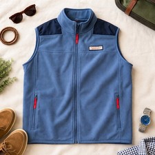 Vineyard Vines Boys Blue Grid Fleece Full Zip Vest Size Large 16-18 Navy