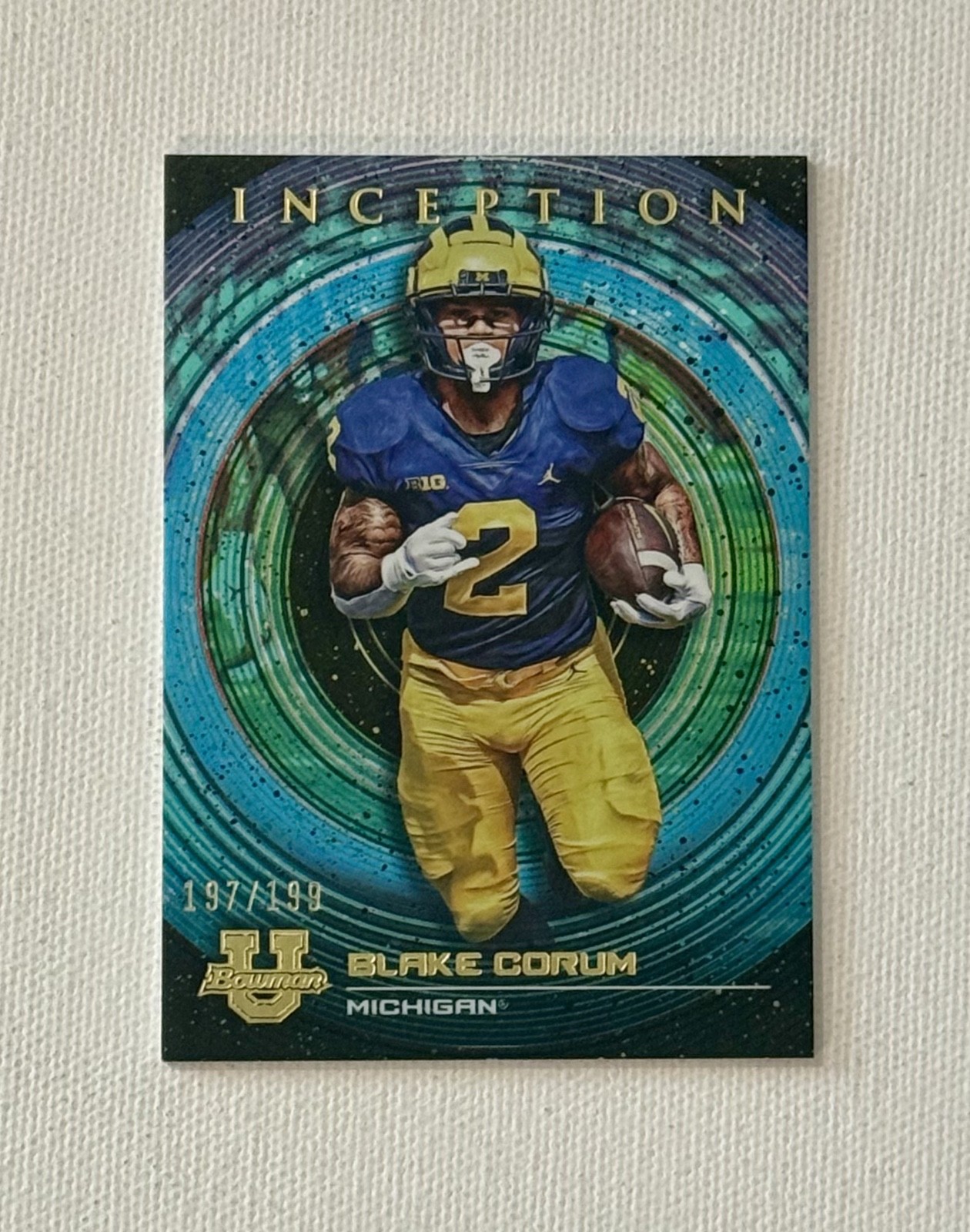 2022-23 Bowman Inception University Aqua Foil #56 Blake Corum RC /199 Rookie SP