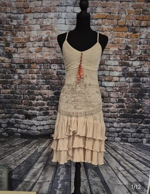Save the Queen! Beige/Pink Knit Striped V-Neck Sleeveless Ruffle Zip Sundress M
