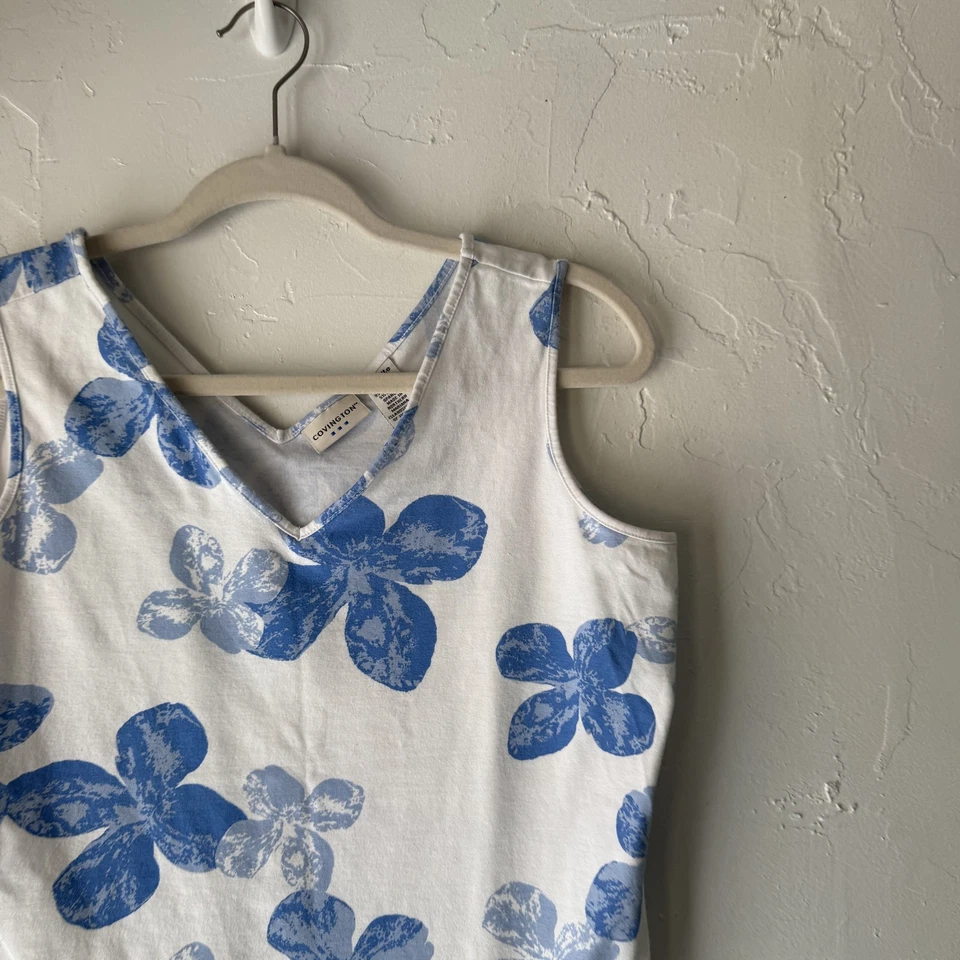 Camiseta sin mangas Covington Y2k mediana pequeña azul blanco estampado floral camisa sin mangas Foto 2 de 4
