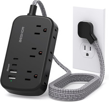 Black Extension Cord, 5FT Flat Plug Power Strip with USB C, 6 Outlets 4 USB Port