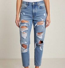 Lioness US 6 Light Blue High-Waisted Denim Ripped Jeans MISSING BUTON