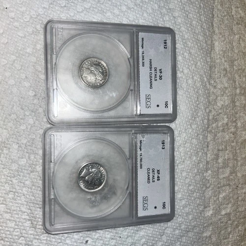 Lot Of 2 90% Silver Barber Dimes 1912 & 1913