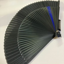 Silk folding fan, black and blue, with fan case