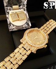 Men Hip Hop Iced Gold PT Techno Pave Simulated Diamond Watch Earrings Set
