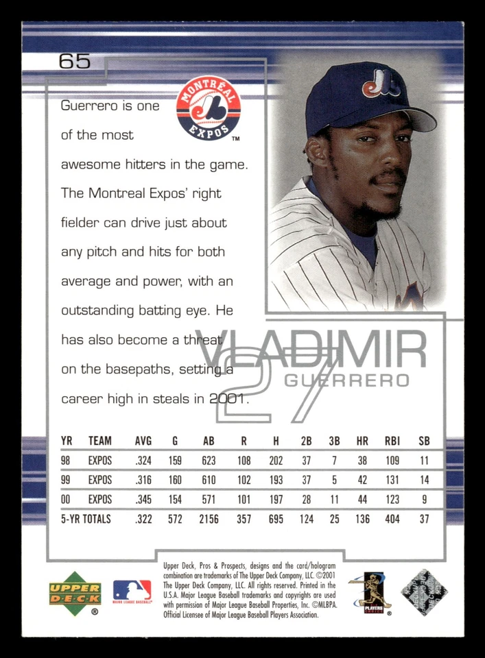 2001 Upper Deck Pros & Prospects - #65 Vladimir Guerrero - Monreal Expos - Image 2 of 2