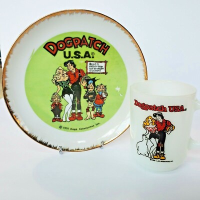 1982 Fire King DogPatch USA Coffee Mug Cup & 1974 DogPatch USA Plate Lil Abner
