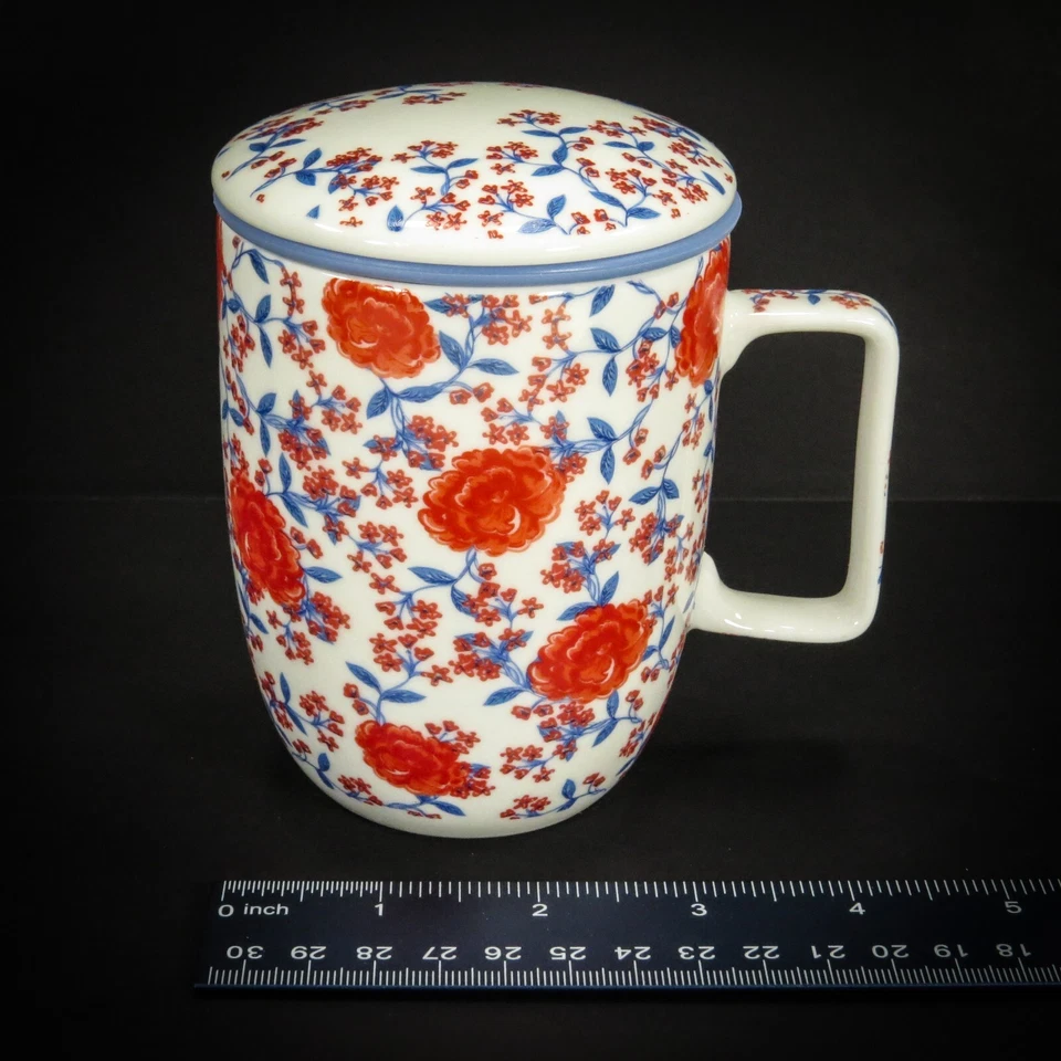 Taza de té/café Tea Shop, infusor de té/café y tapa de taza - rojo floral, azul 14 oz. Foto 3 de 4