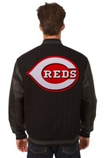 MLB Cincinnati Reds Wool Leather Reversible Jacket Embroidered Patch Logos Black