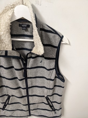 Nautica Vest Womens Size L Grey Gray Polyester Sherpa Fleece Full Zip Fur Neck - Picture 4 of 9