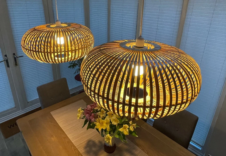 Pantalla de techo colgante de bambú hecha a mano, forma elipsoide, marrón natural, L014L Foto 2 de 4