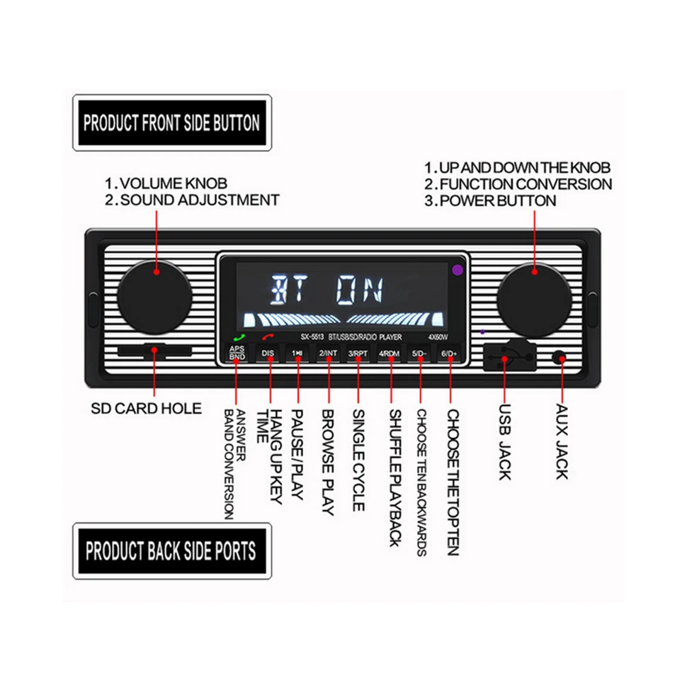 Radio estéreo retro Bluetooth único 1 din para automóvil USB/AUX/RCA/FM reproductor de MP3 retro Foto 4 de 4