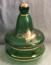Bohemian Czech Crystal Covered Green Candy Dish Bowl Gold Gilding Stunning VTG