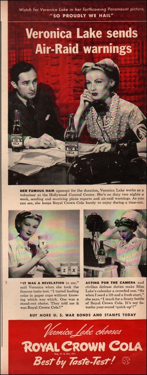 コーラ 1943 Vintage ad Royal Crown Cola Veronica Lake Air-Raid Art