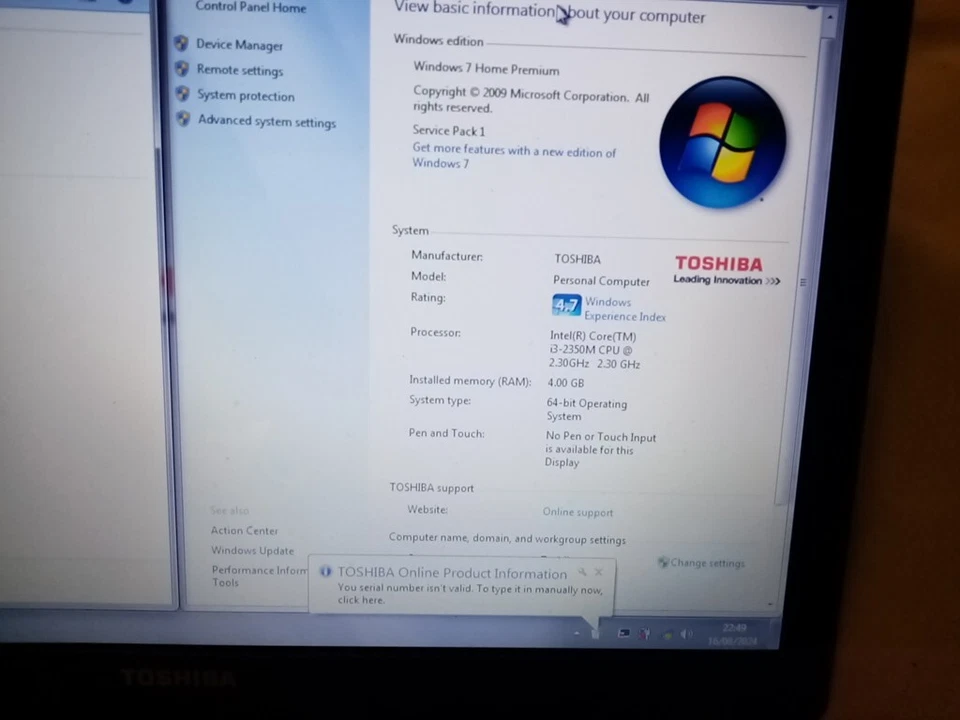 TOSHIBA SATELLITE PRO C660 15.6" LAPTOP WINDOWS 7 i3 @2.30ghz 4GB 414GB+Charger  - Image 3 of 4