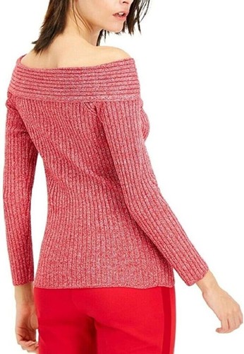 INC Women's Red Metallic Long Sleeve Off Shoulder Ribbed Party Top M B63 - Picture 18 of 18