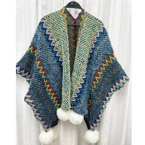 Lady Retro Cloak Cape Knit Poncho Wrap Shawl Rainbow Sweater Cardigan Pompom Top - Picture 13 of 20