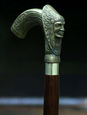 Indian Chief Head Brass Color Antique Walking Stick Walking Wooden Working Cane 
