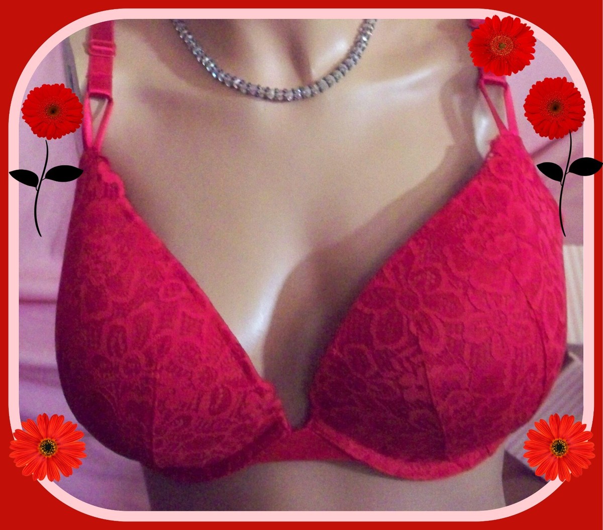 VS PINK ワインレッド ブラジャー 38C 38C Red FLORAL LACE w Mesh Wings Extreme Lift Victorias Secret