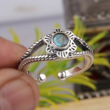 Natural Labradorite Gemstone Ring Sterling Silver Flower Adjustable Ring