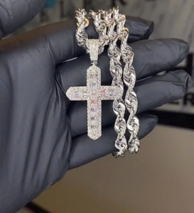 Authentic Men's Baguette VVS Moissanite Cross Pendant Necklace White Gold Plated Silver